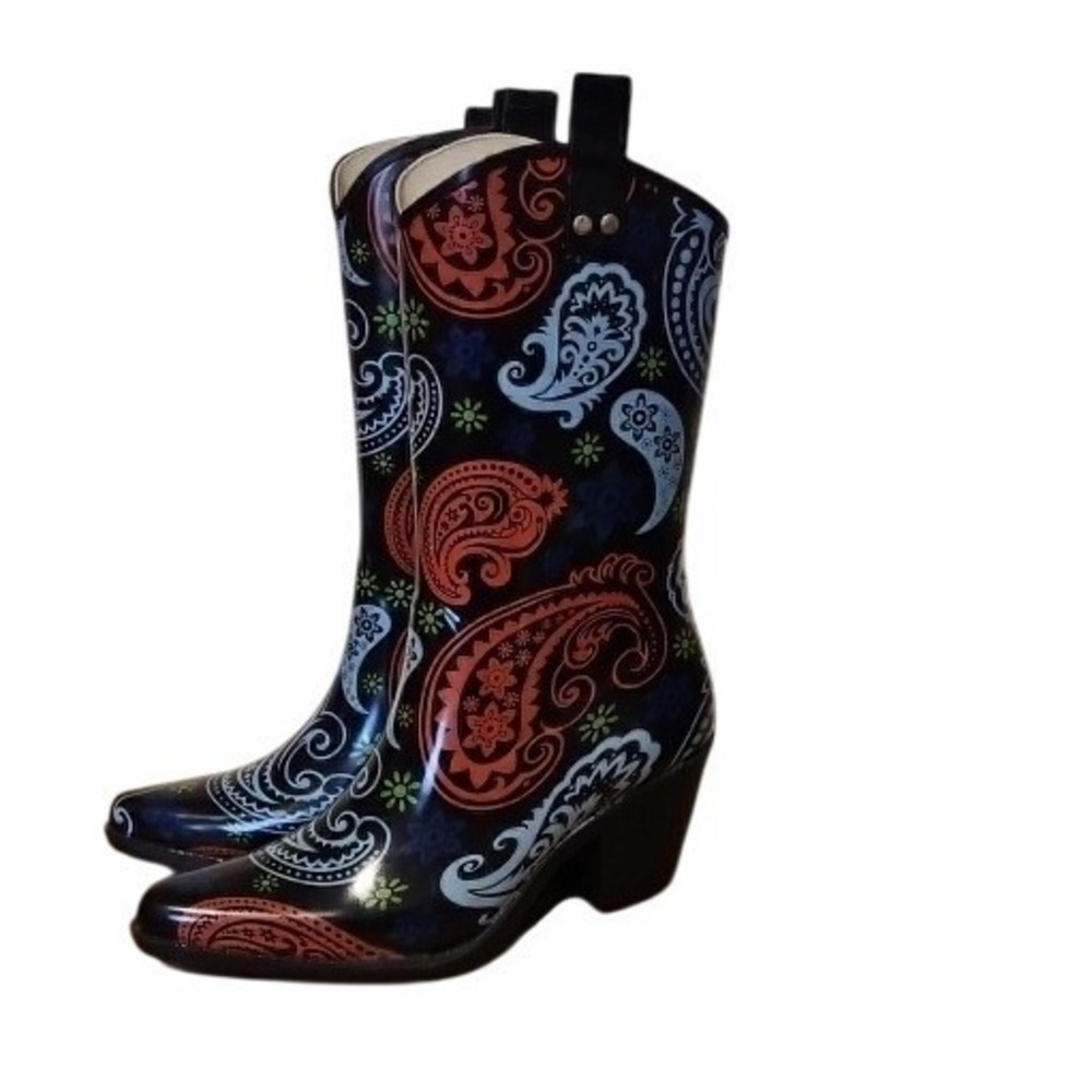 Just 4 Kicks Womens Paisley Western Rain‎ Boots Black Blue Orange Size 7 Rubber